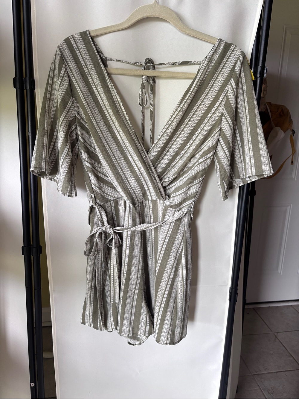 Trixxi NWT Olive and White Striped V-Neck Wrap Romper